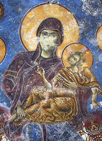 The Most Holy Mother of God on the throne, flanked by the Archangels, Kurbinovo